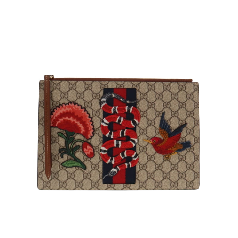 Gucci GG Supreme Zipped Pouch Applique Snake & Web Detail