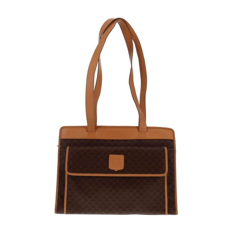 Celine Vintage Triomphe Canvas and Tan Leather Trim Shoulder Bag