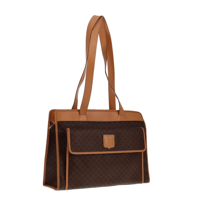 Celine Vintage Triomphe Canvas and Tan Leather Trim Shoulder Bag