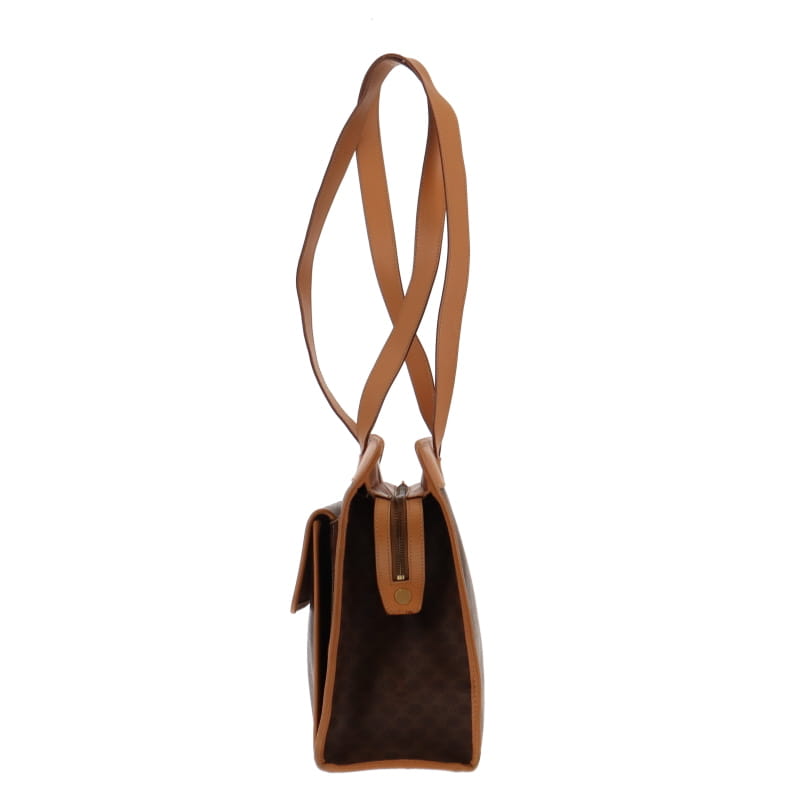 Celine Vintage Triomphe Canvas and Tan Leather Trim Shoulder Bag