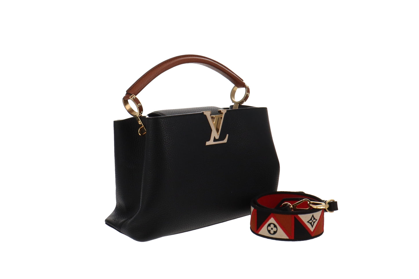 Louis Vuitton Black Leather Capucines MM With Logo Strap
