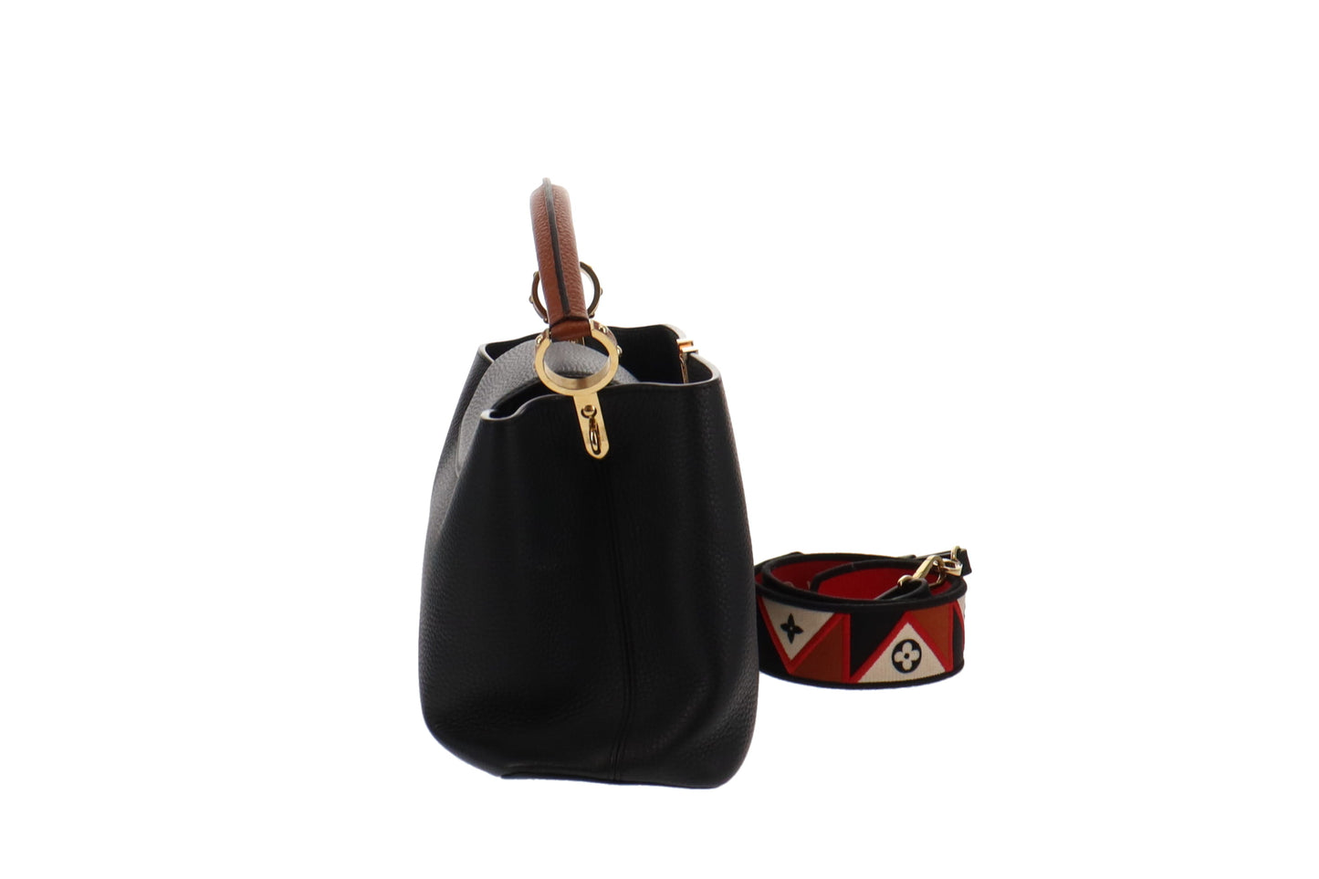 Louis Vuitton Black Leather Capucines MM With Logo Strap