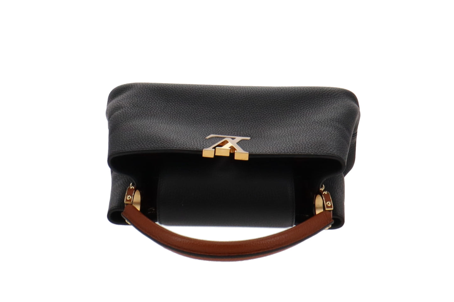 Louis Vuitton Black Leather Capucines MM With Logo Strap