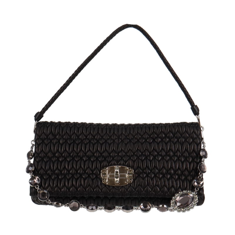 Miu Miu Black Matelasse Leather Jewelled Flap Bag