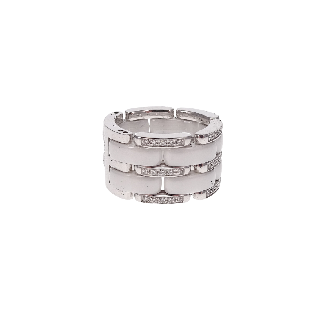 Chanel 18k White Gold, Ceramic and Diamond Large Flexible Ultra Ring (Size 51)