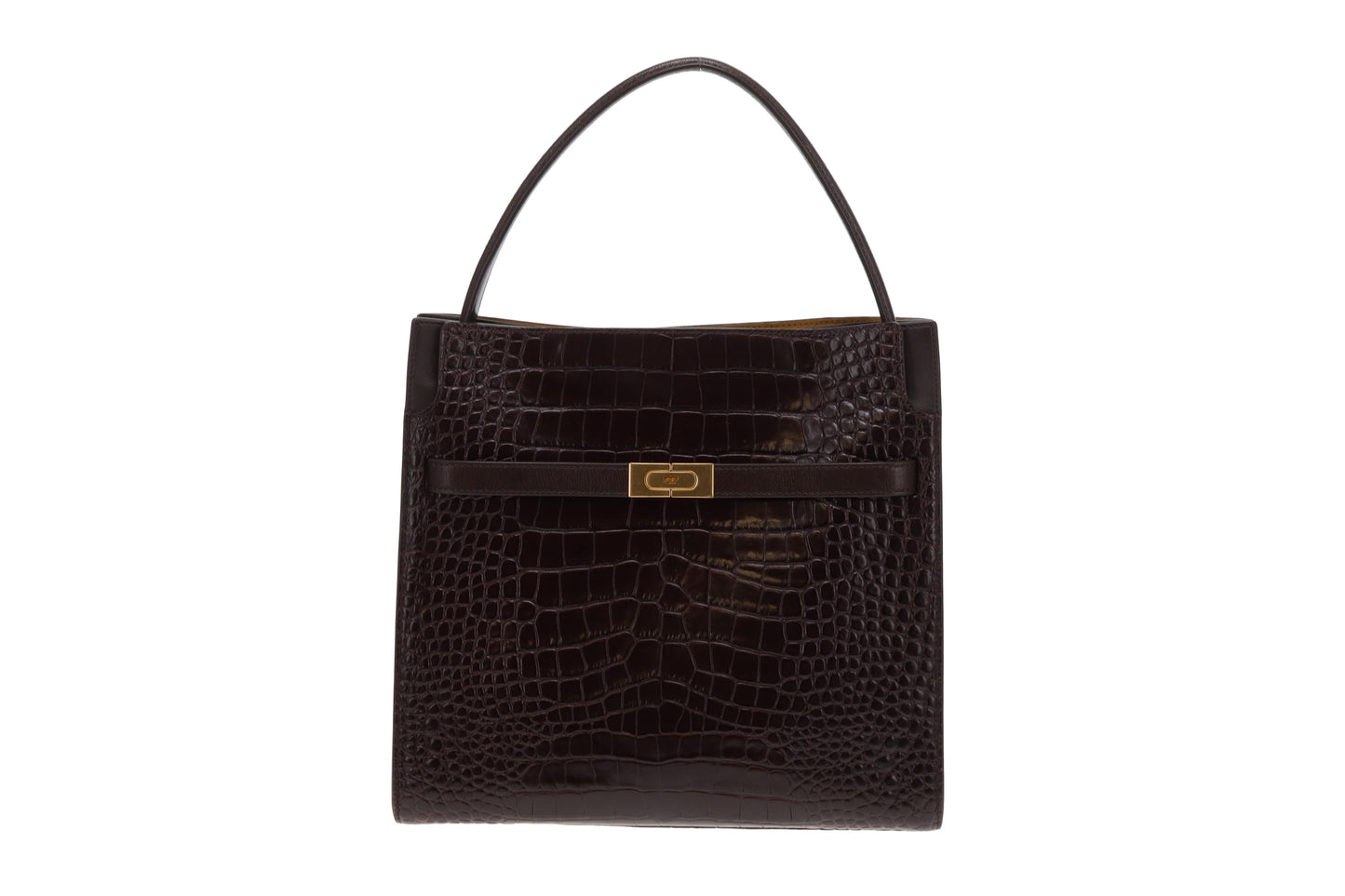 Tory Burch Lee Radziwill Croc Embossed Double Bag Brown Medium