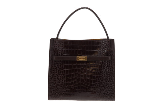 Tory Burch Lee Radziwill Croc Embossed Double Bag Brown Medium