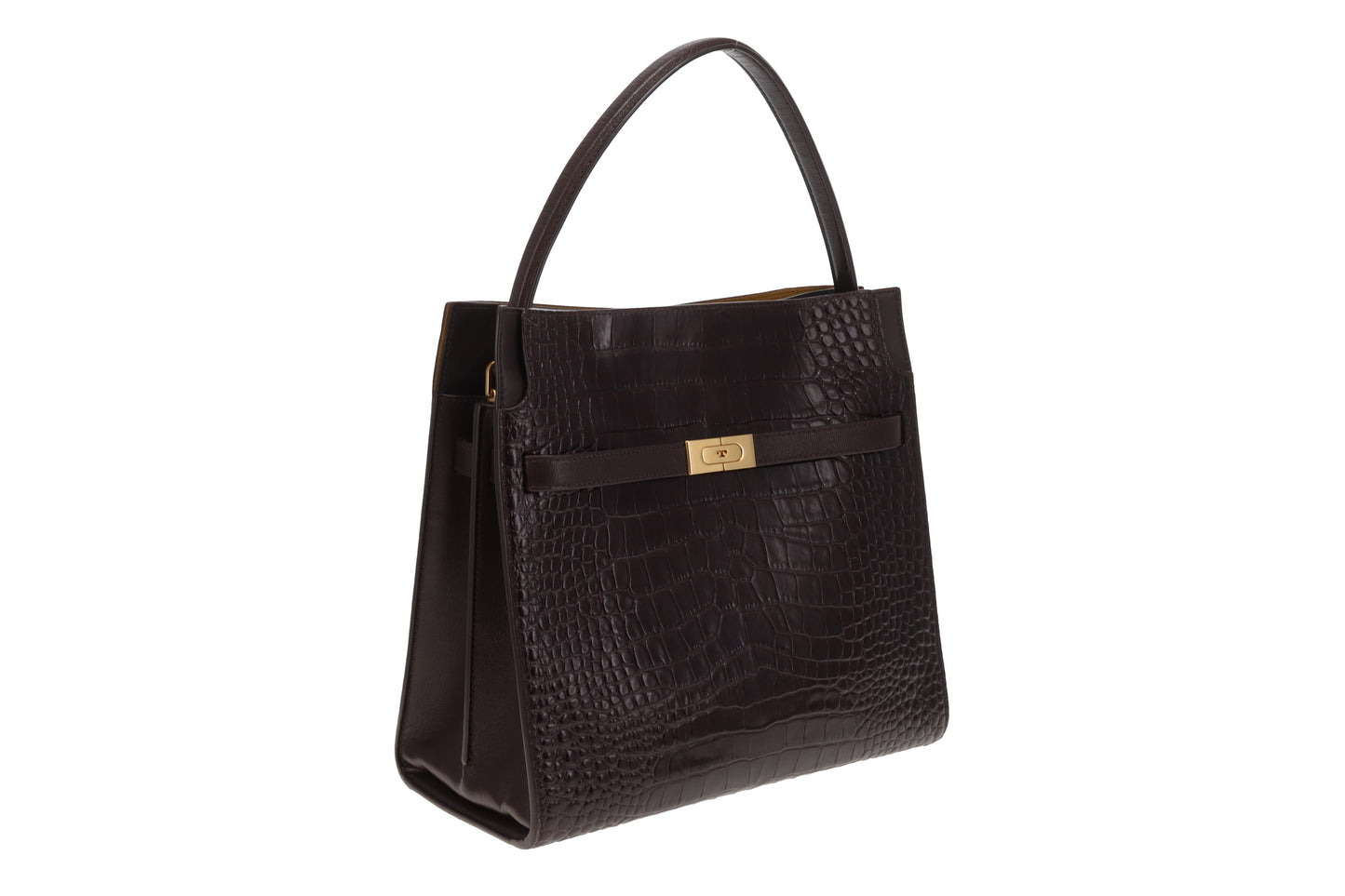 Tory Burch Lee Radziwill Croc Embossed Double Bag Brown Medium
