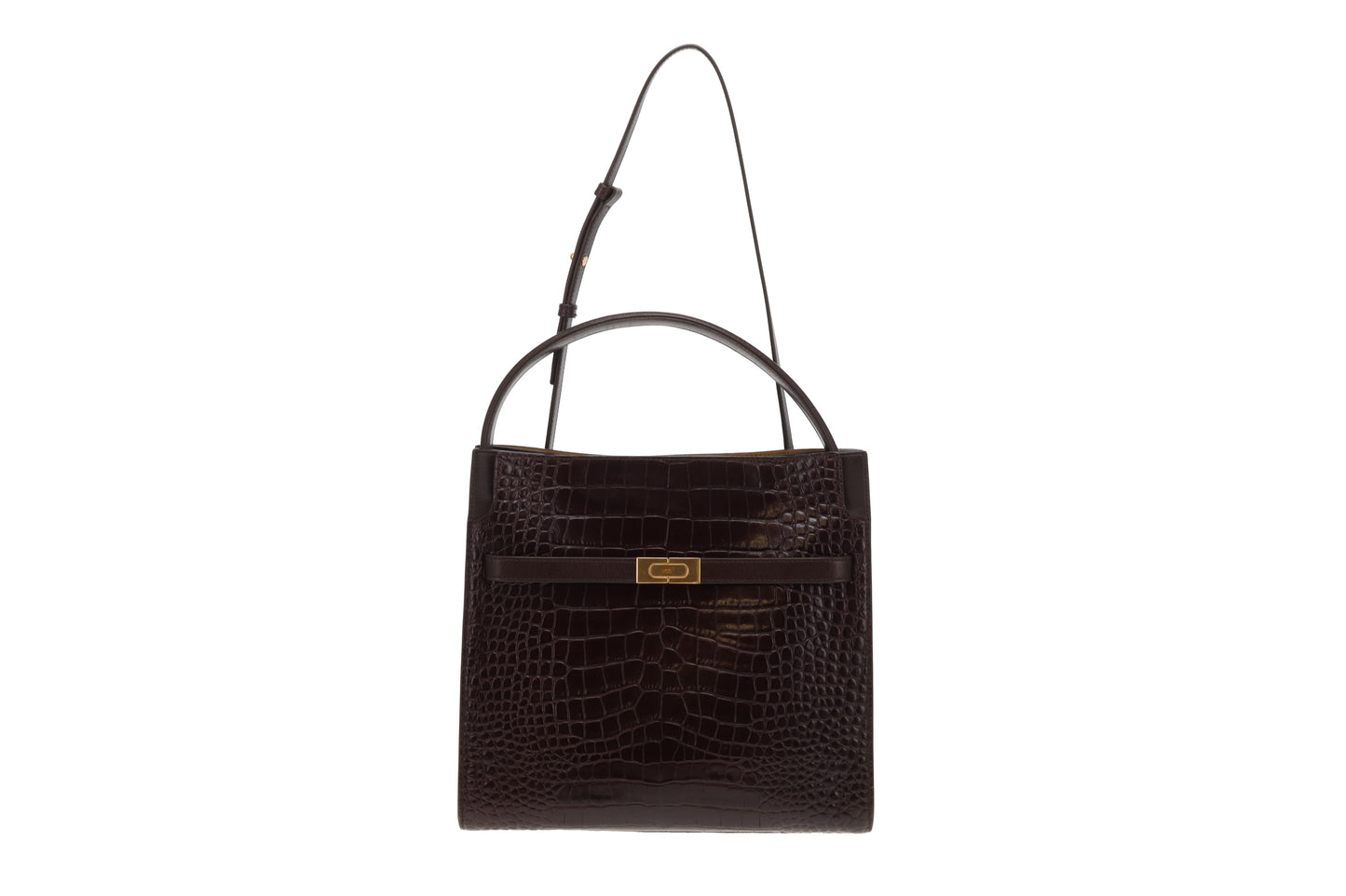 Tory Burch Lee Radziwill Croc Embossed Double Bag Brown Medium