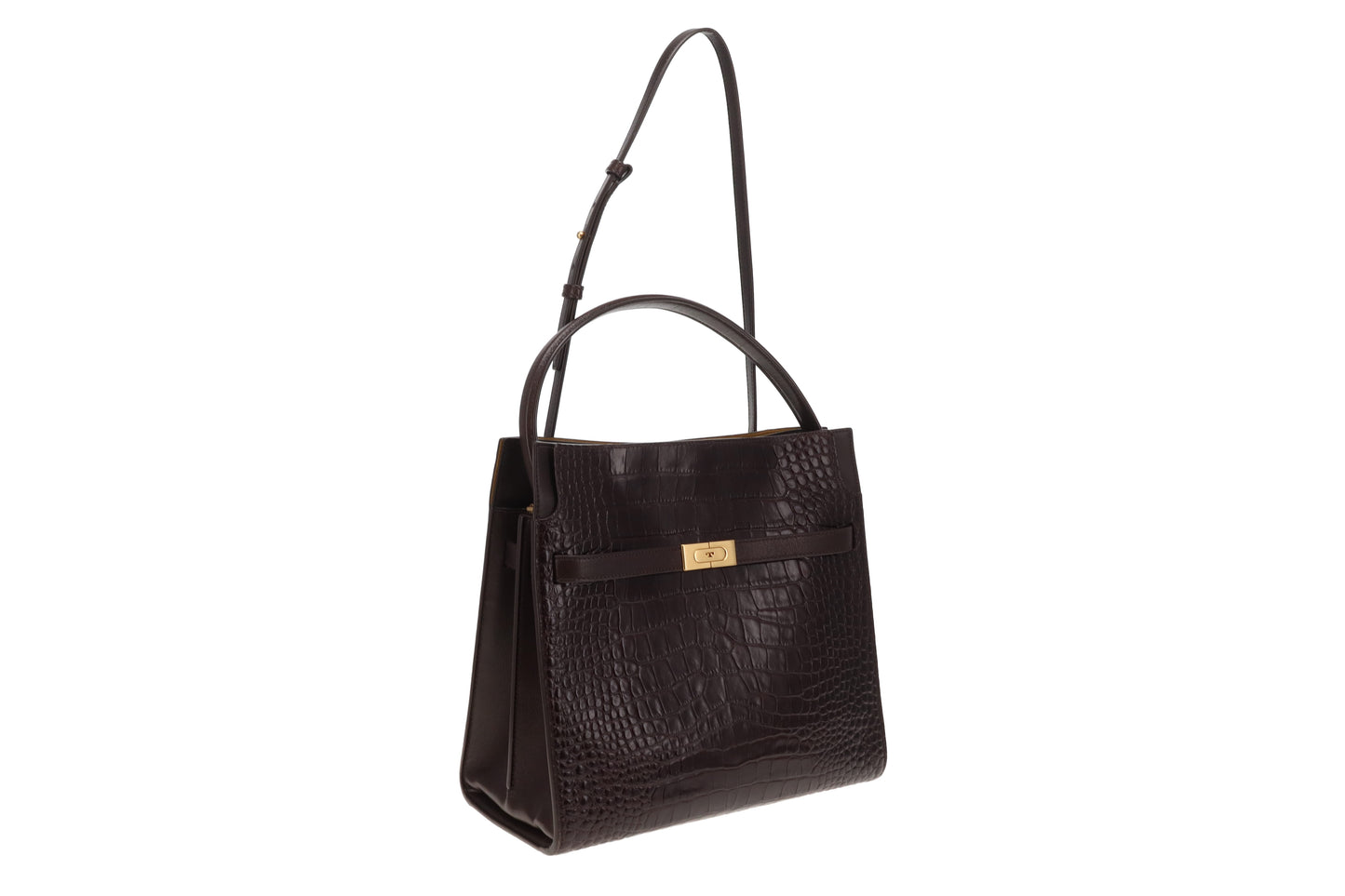 Tory Burch Lee Radziwill Croc Embossed Double Bag Brown Medium