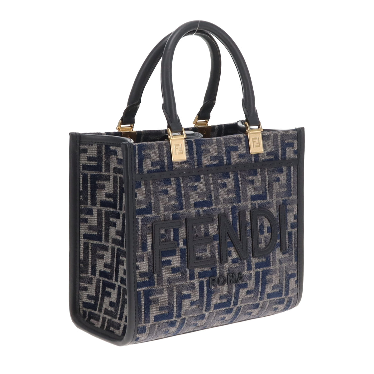 Fendi Sunshine Small Tote Navy Velour/Canvas/Leather