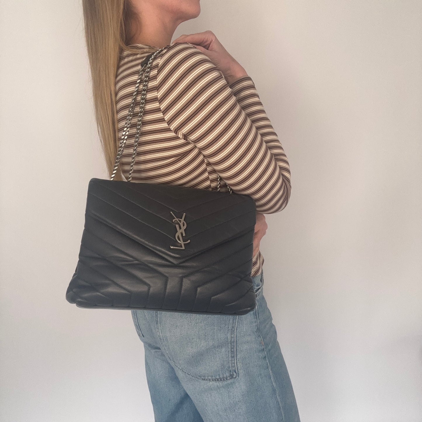 Saint Laurent LouLou Medium In Dark Smog Chevron Leather