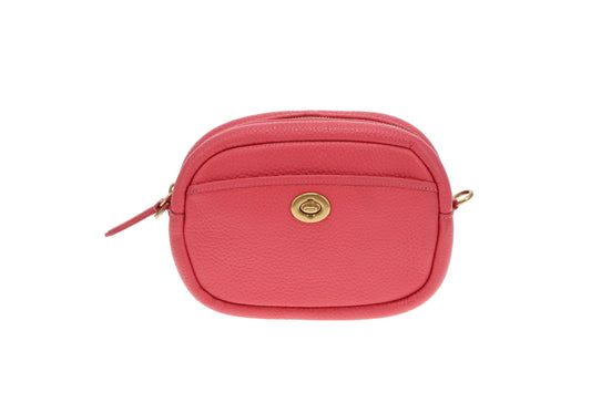 Coach Turnlock Camera Bag with Logo Strap Pink Leather