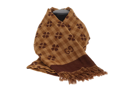 Gucci Cotton Scarf Large With 4 Heart Clover Design & Checkerboard