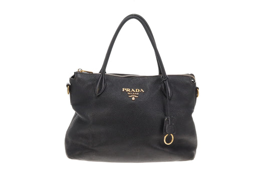 Prada Vitello Daino Black Multi Strap Soulder Bag
