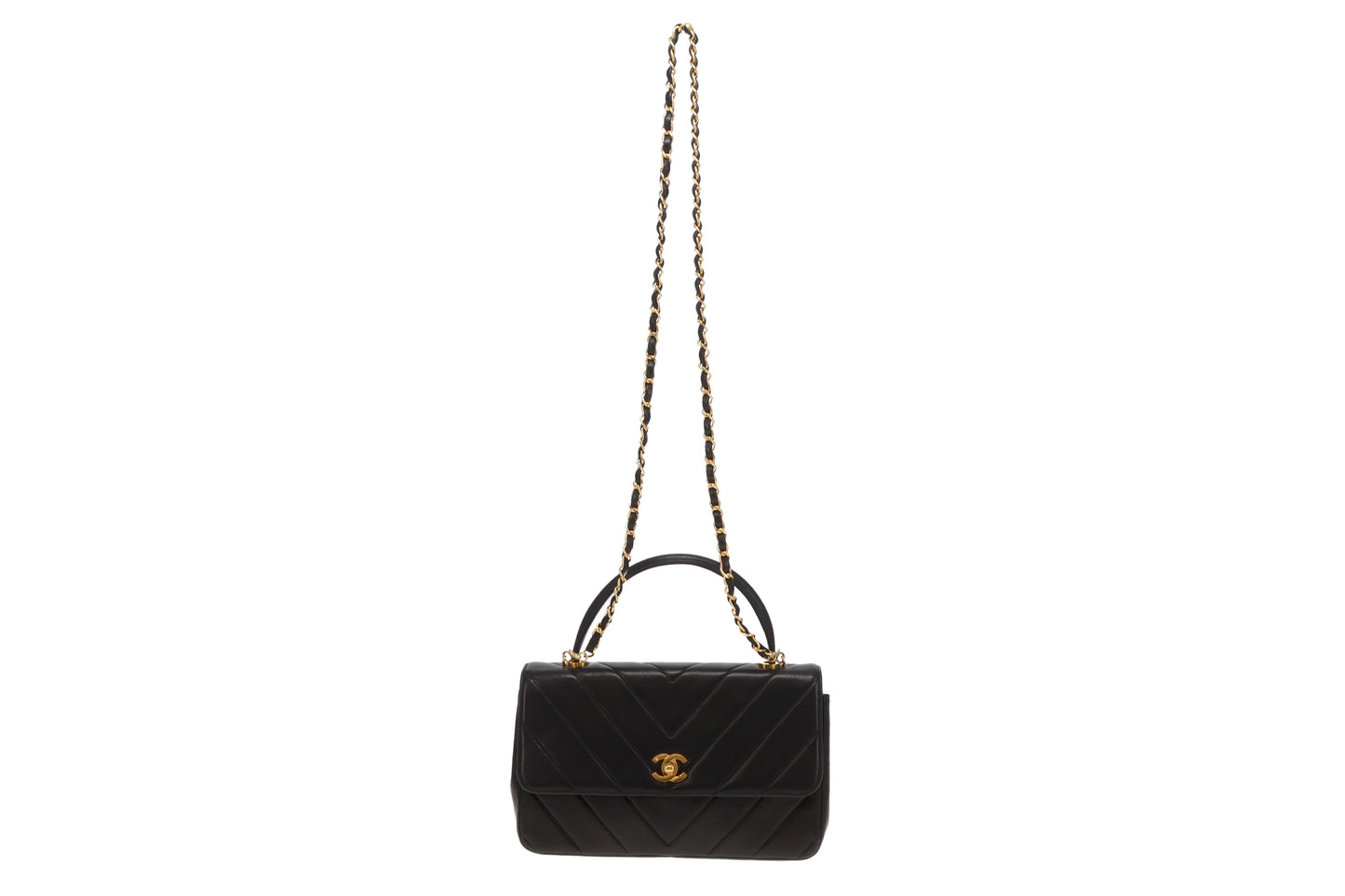 Chanel Top Handle Kelly Bag Vintage Chevron Lambskin GHW with Chain
