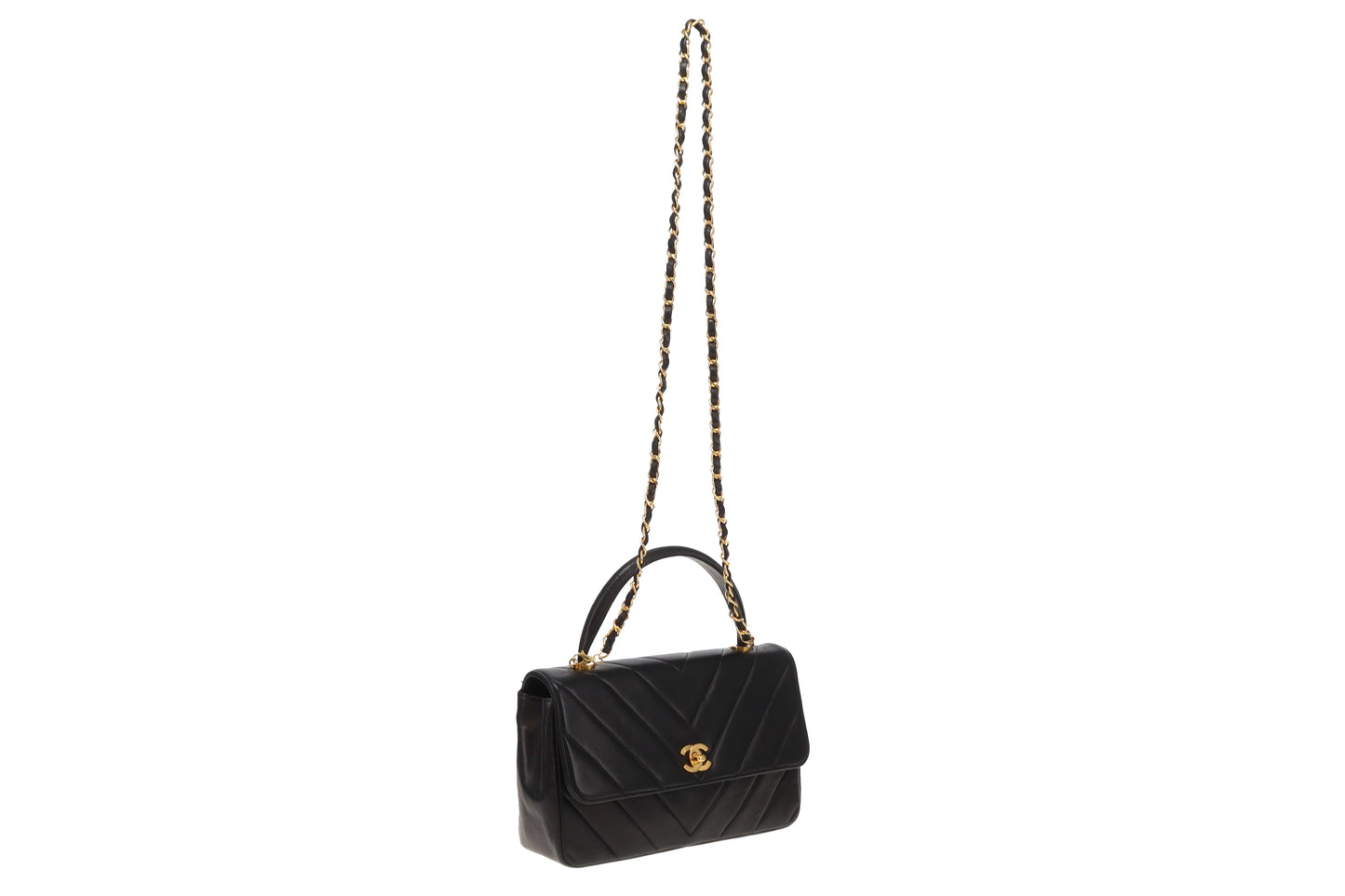 Chanel Top Handle Kelly Bag Vintage Chevron Lambskin GHW with Chain