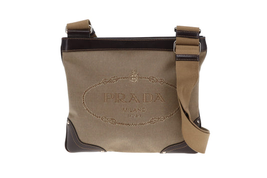 Prada Brown Canvas & Leather Slim Messenger Bag Vintage