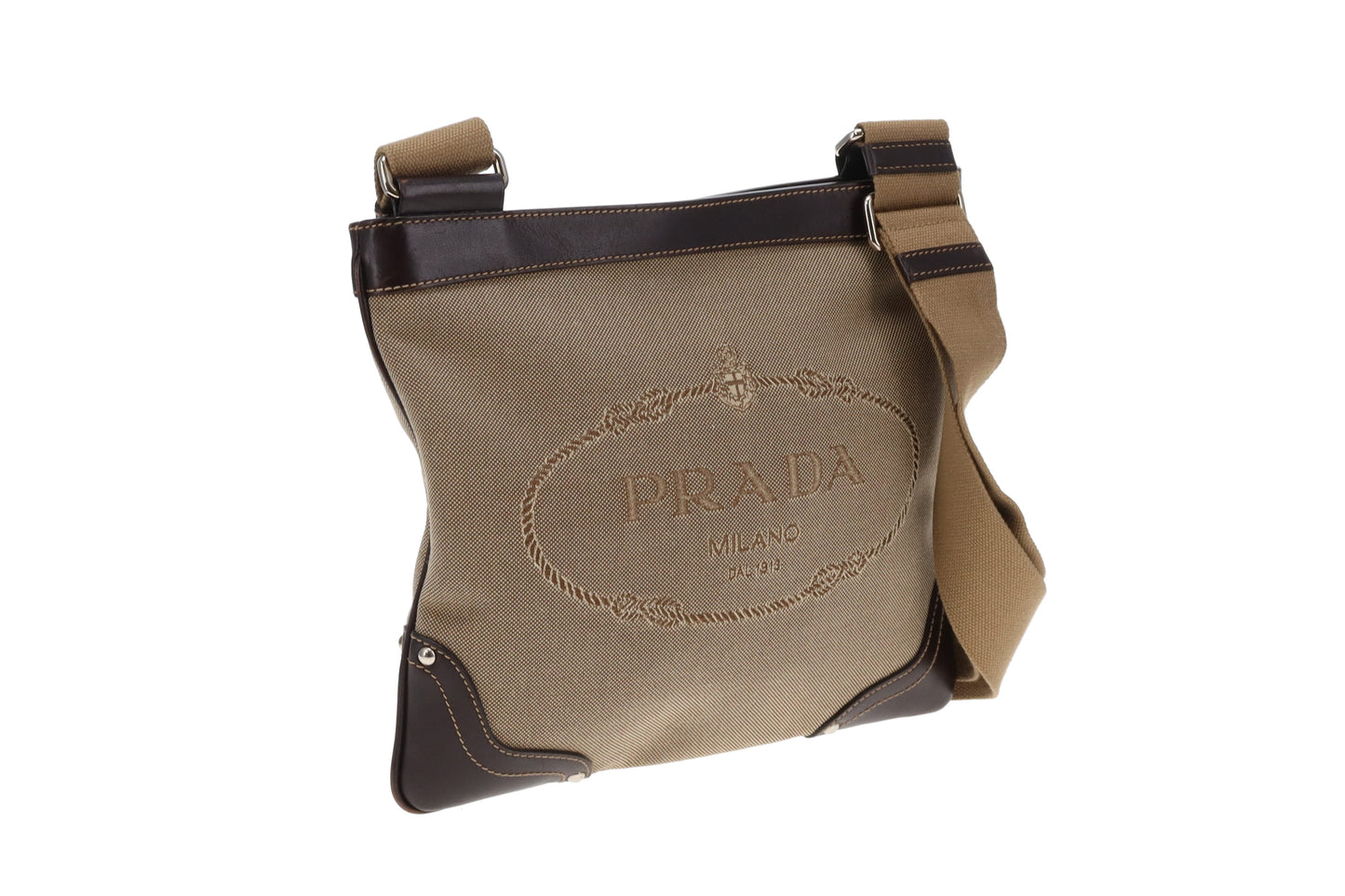 Prada Brown Canvas & Leather Slim Messenger Bag Vintage