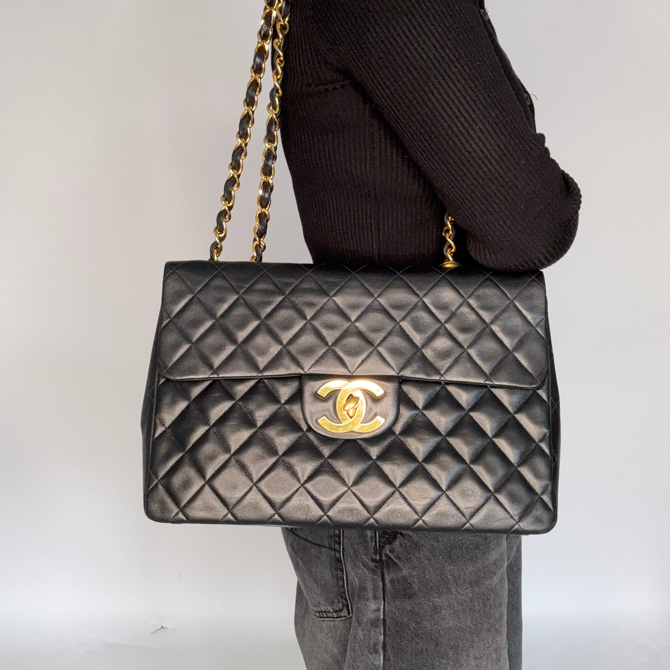 Chanel Classic Single Flap Vintage XL Black Lambskin Gold HW 1994