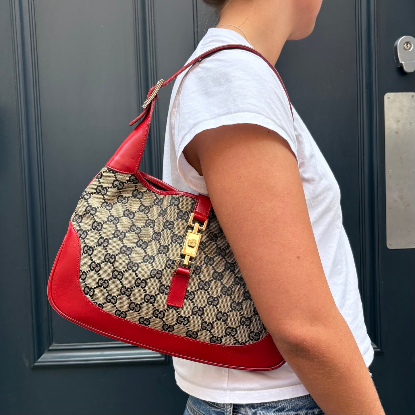 Gucci Jackie Vintage Red Leather and Navy GG Canvas