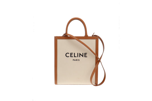 Celine Canvas and Tan Leather Vertical Cabas Tote With Strap