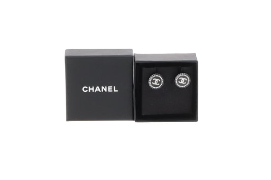 Chanel Black Resin & CC Pearl & Strass Round Earrings 2014
