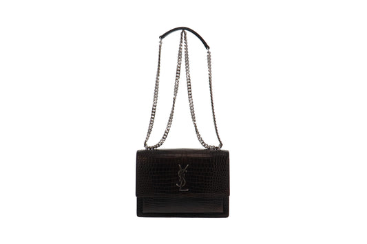 Saint Laurent Black Croc Embossed Shiny Leather Medium Sunset RRP €2400