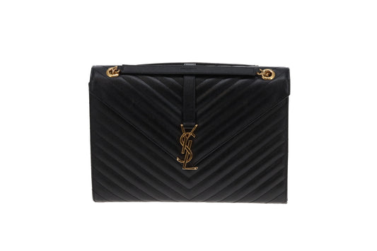 Saint Laurent Envelope Flap Bag Large Black Grain De Poudre GHW 2015