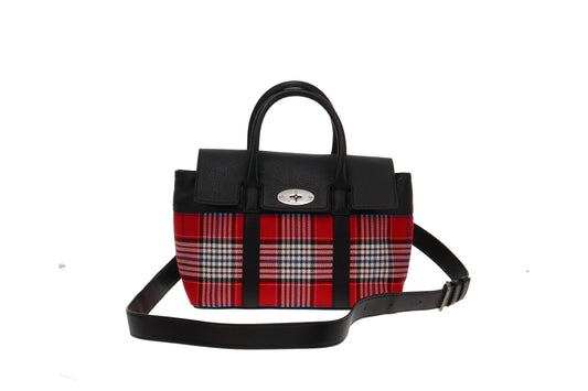 Mulberry Black Leather and Red Tartan Small Bayswater