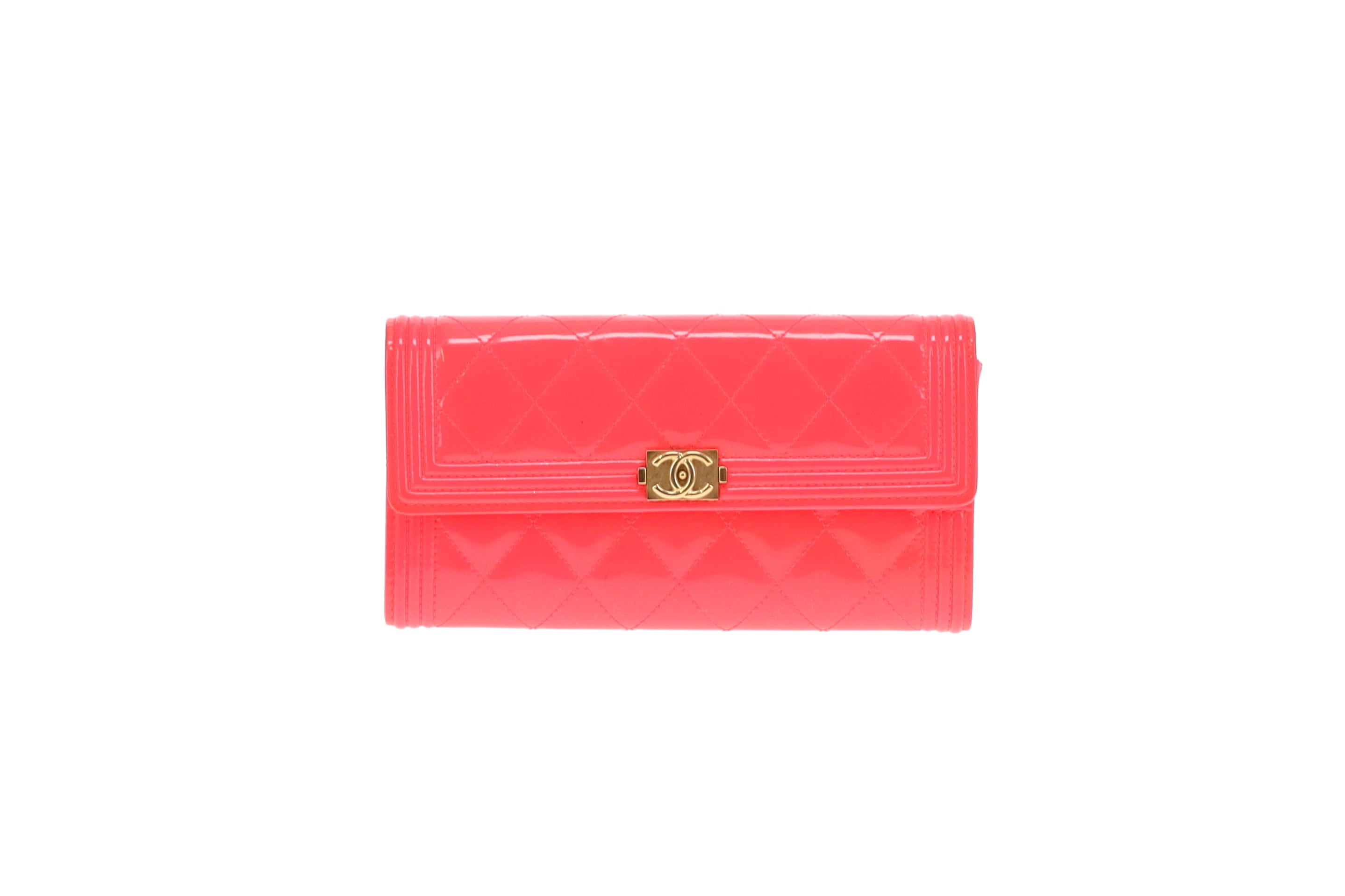 Preowned Chanel Boy Wallet Long Flap | Neon Pink Patent Gold