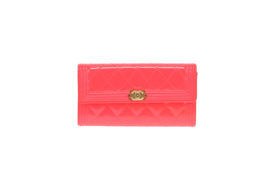 Chanel Boy Wallet Long Flap Neon Pink Patent 2016