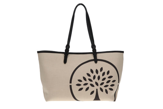 Mulberry Logo Tote Bag Ecru Canvas and Black Leather