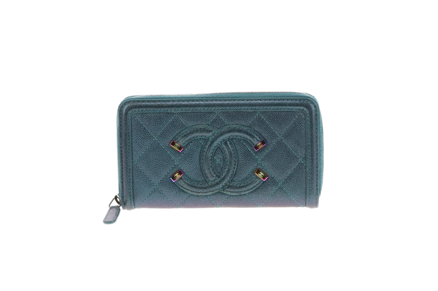 Chanel Filigree Zip Around Wallet Medium Green Iridescent Caviar