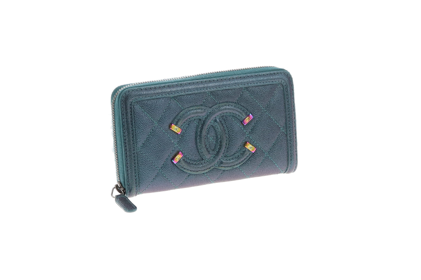 Chanel Filigree Zip Around Wallet Medium Green Iridescent Caviar