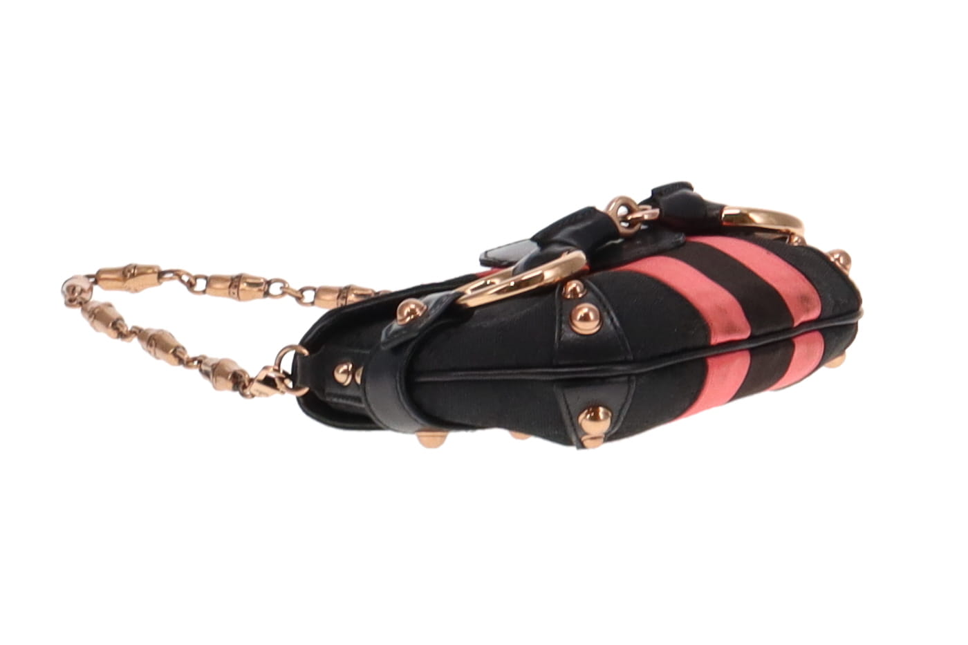Gucci Tom Ford Era Pink Web and Rose Gold Hardware Round Horsebit Clutch on Chain