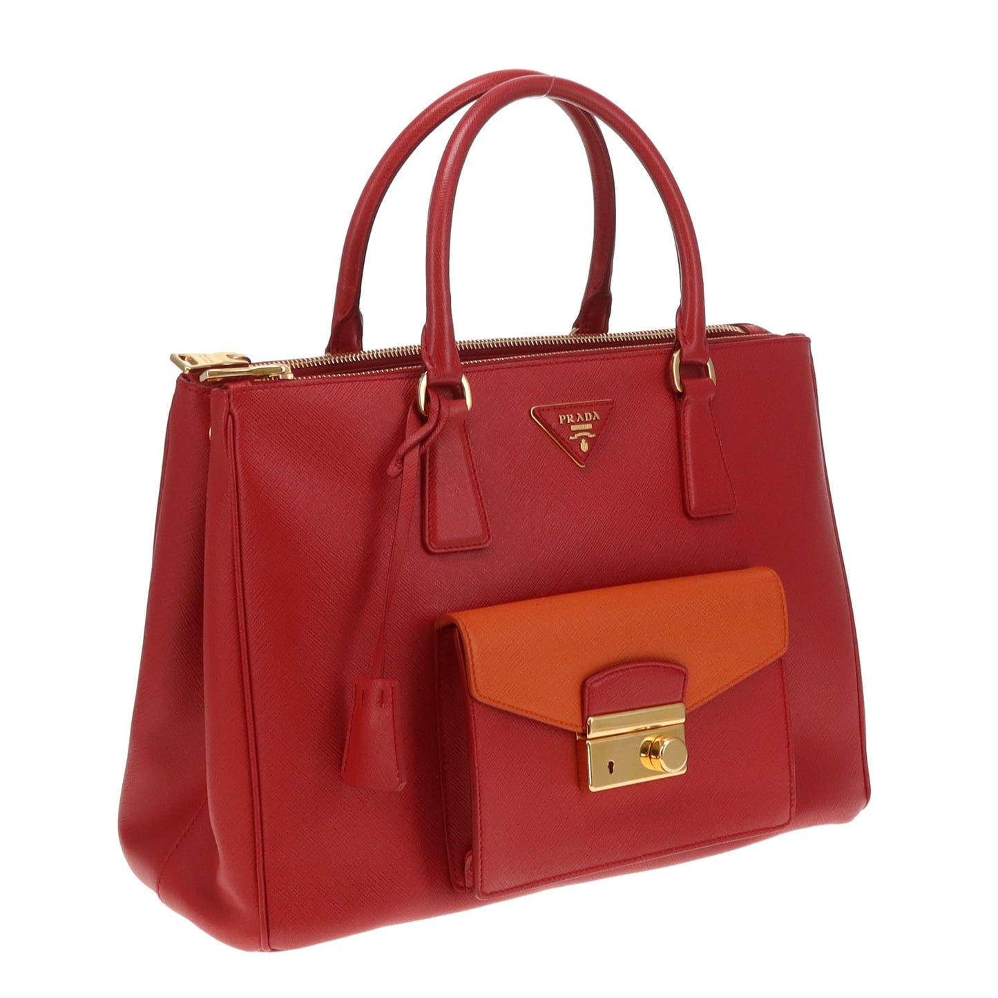 Prada Saffiano Lux Pocket Tote In Fuoco & Papaya