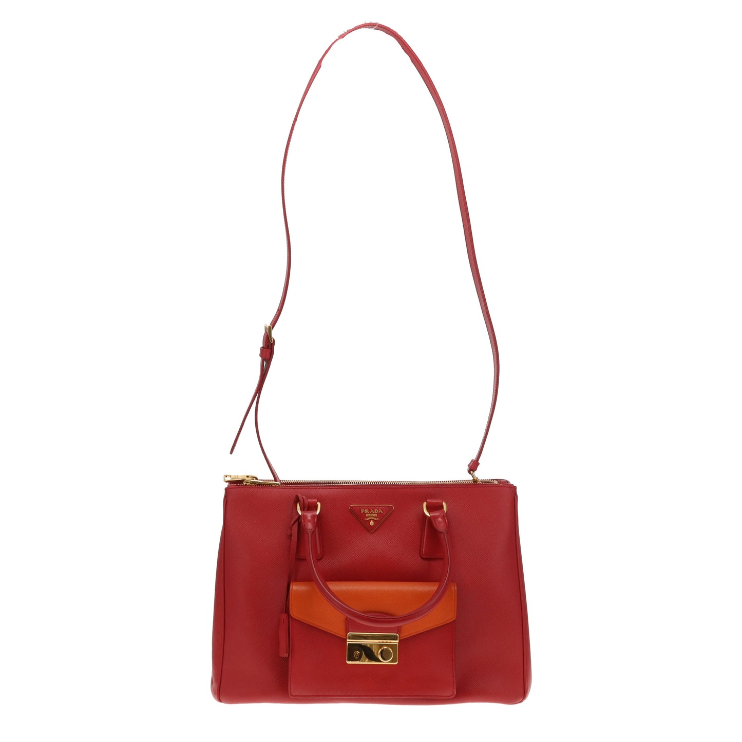 Prada Saffiano Lux Pocket Tote In Fuoco & Papaya