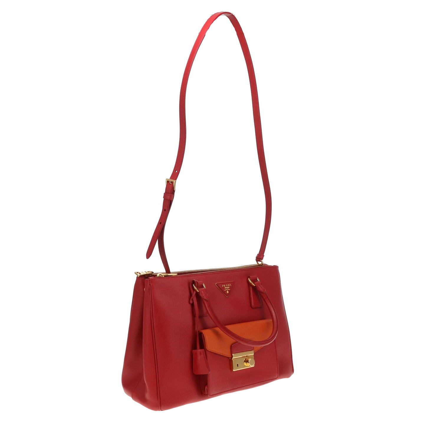 Prada Saffiano Lux Pocket Tote In Fuoco & Papaya