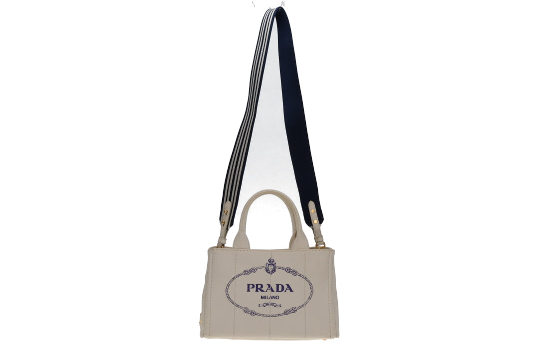 Prada Canapa Logo Convertible Canvas Tote White Small