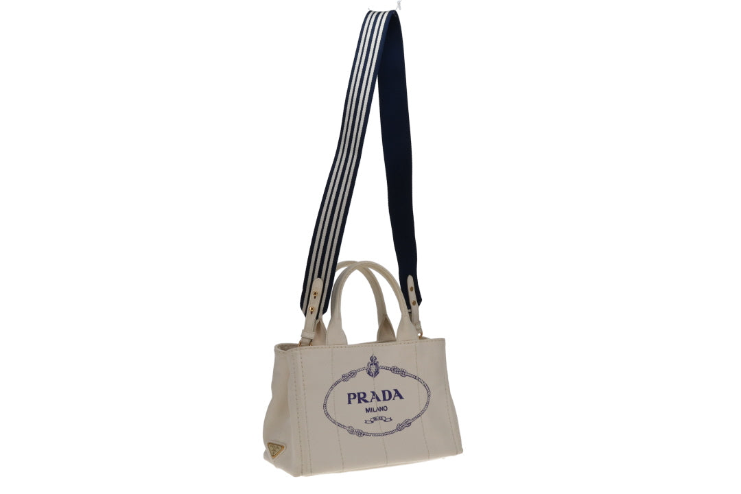 Prada Canapa Logo Convertible Canvas Tote White Small