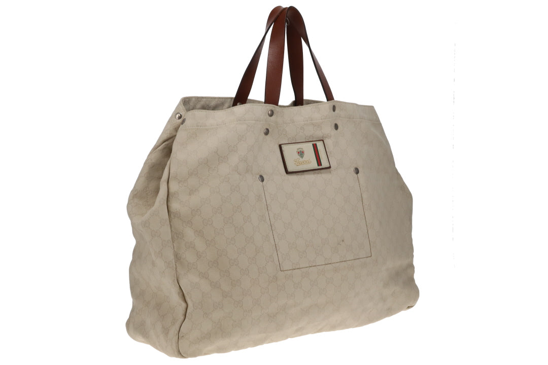 Gucci Emblem XL Shopper Tote In White GG Canvas