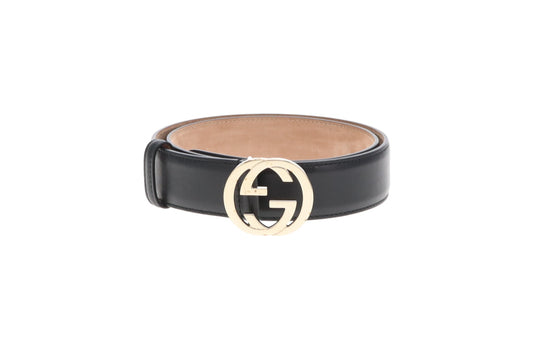 Gucci Interlocking G Gold Buckle Black Belt 80cm
