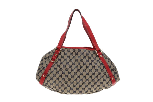 Gucci Abbey Shoulder Bag In Navy GG Canvas with Red Leather Trim