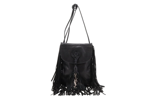Saint Laurent Shoulder Bag Black Leather Fringe and Macrame Detail