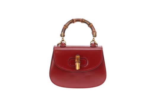 Gucci Bamboo 1947 Small Bag Red Leather With Dual Web & Thin Leather Strap