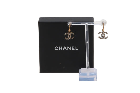 Chanel Earrings Goldtone CC Dangle Hook and Strass