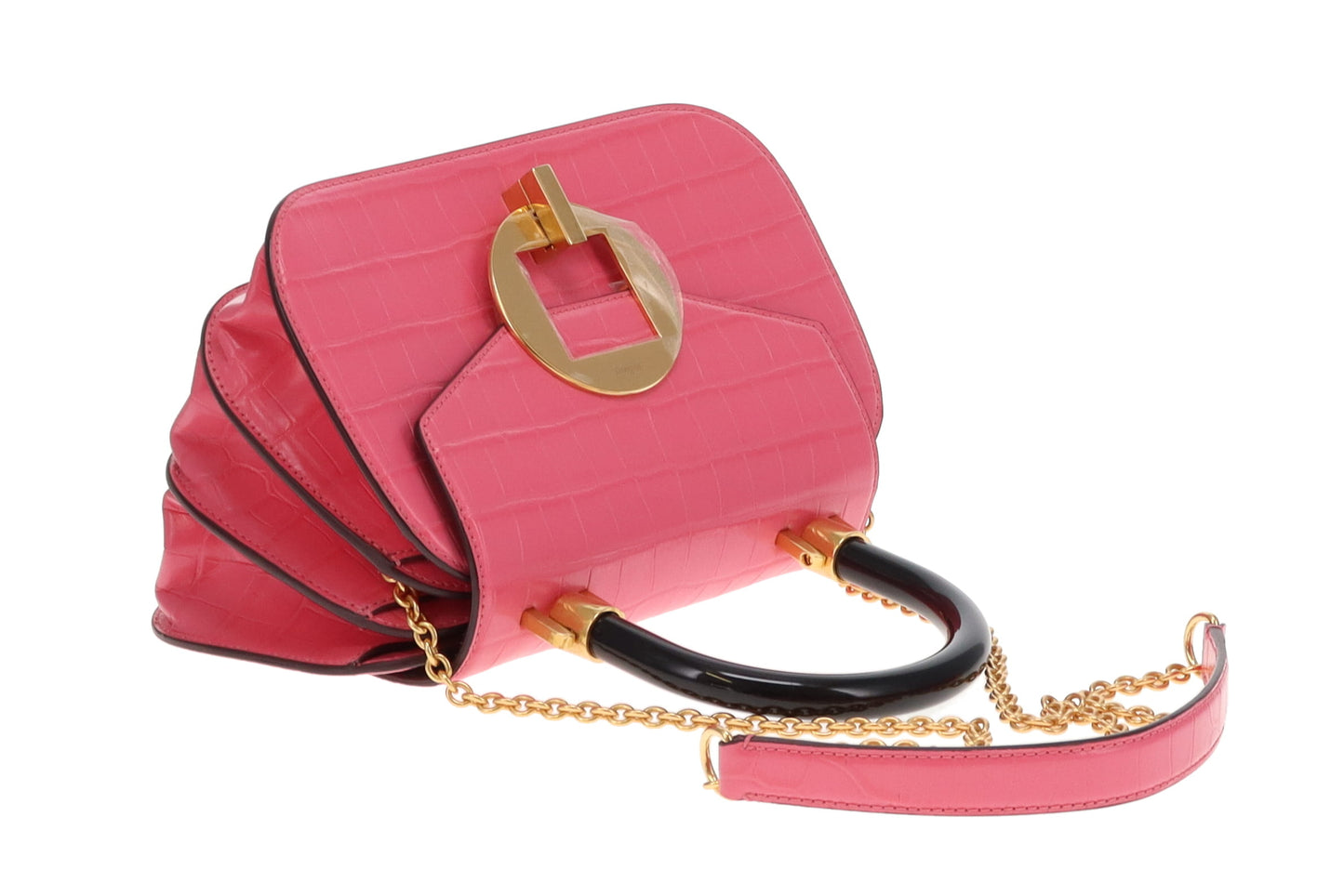 Mulbery Pink Shiny Croc Embossed Bovine Leather Mews Top Handle Chain Bag