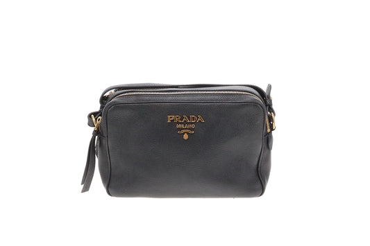 Prada Double Zip Camera Bag Black Leather GHW