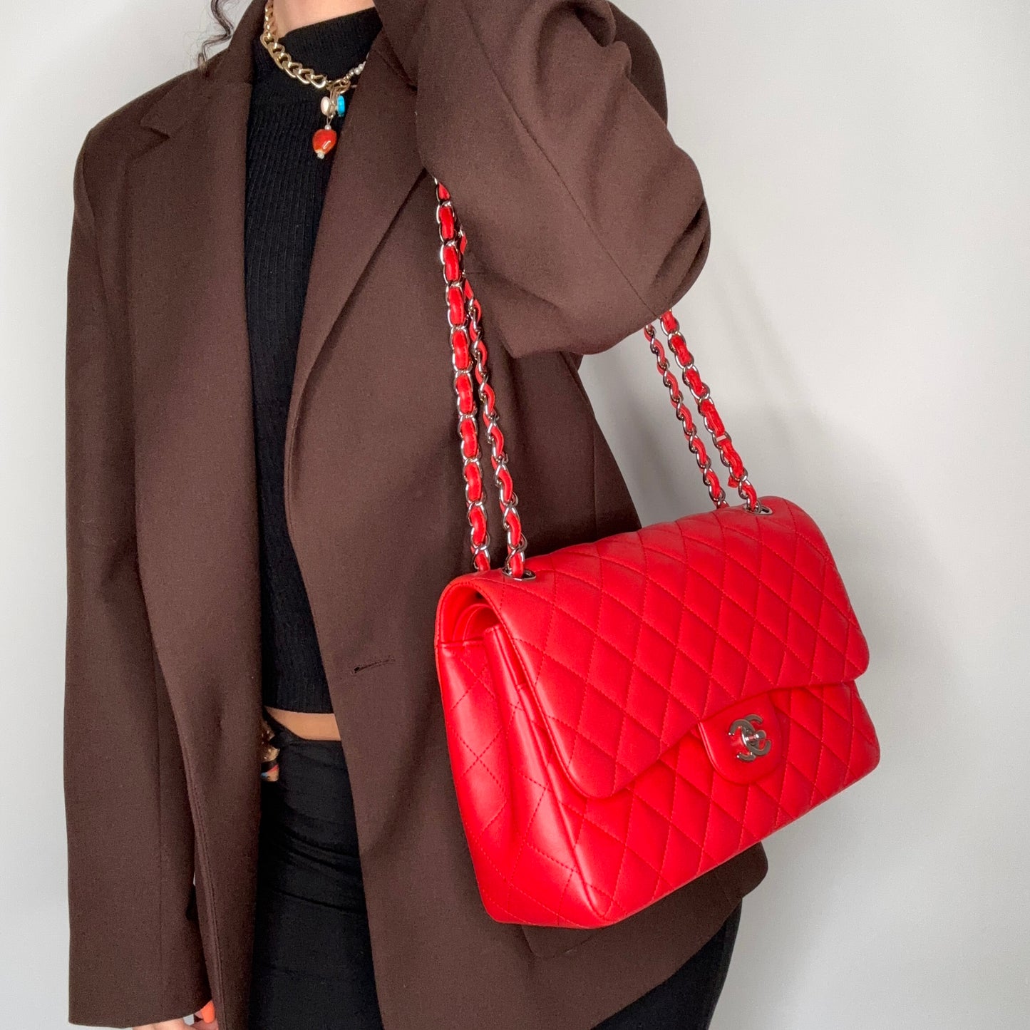 Chanel Classic Jumbo Double Flap Red Lambskin With Silver Hardware 2016/17